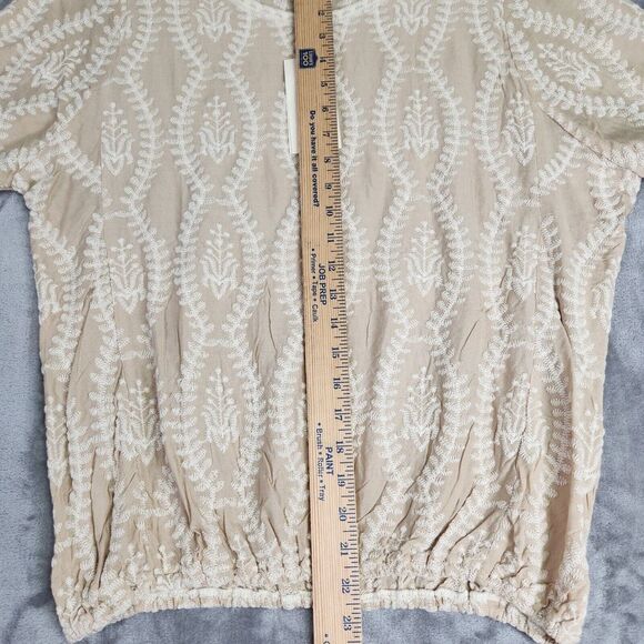 Solitaire Top Womens XL Beige Embroidered Scallop Short Sleeve Boho Western NEW - Picture 10 of 10